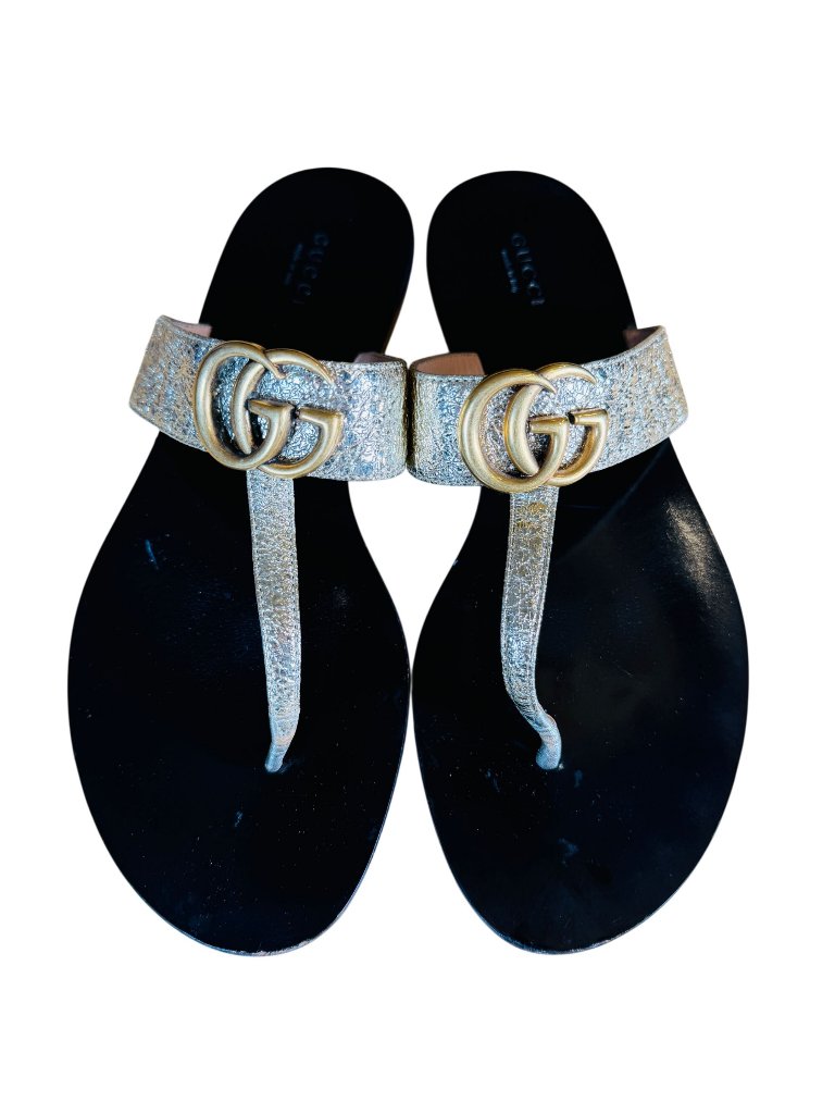 Gucci Marmont Gg Thong Flip Flop Sandals Gold Leather Size Eu 39 Us 9